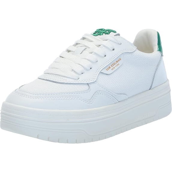 Sam Edelman Blaine White/Botanical Green Lace Up Rounded Toe Chunky Sneakers (White/Botanical Green, 10.5)
