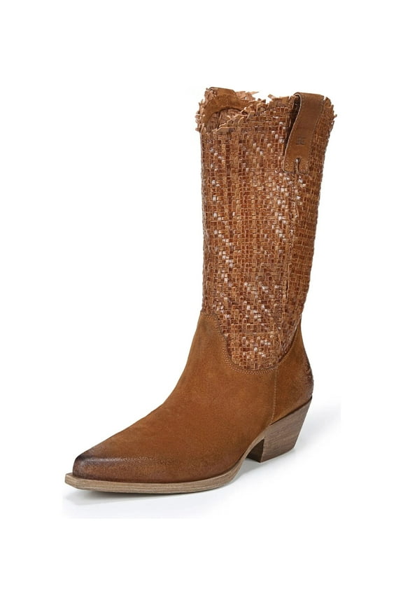Brenda Cuoio Stacked Heel Pointed Toe Woven Mid-Calf Western Boots (Cuoio, 8)