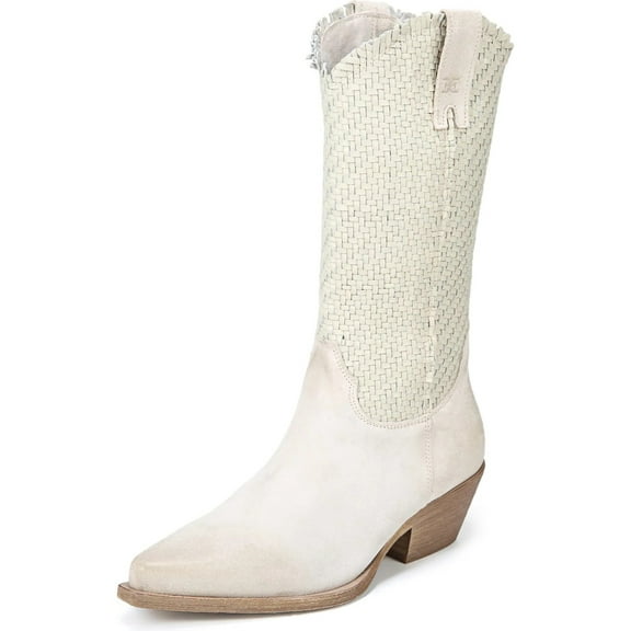 Sam Edelman Brenda Off White Stacked Heel Pointy Toe Woven Mid-Calf Western Boot (Off White, 9)