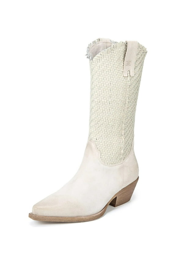Brenda Off White Stacked Heel Pointy Toe Woven Mid-Calf Western Boot (Off White, 9)