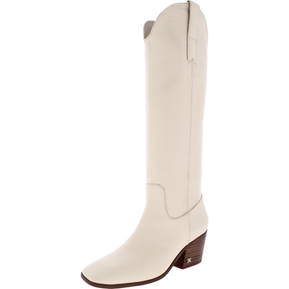Sam Edelman Britten Ivory Squared Toe Block Heel Leather Knee High Western Boots (Ivory, 9)