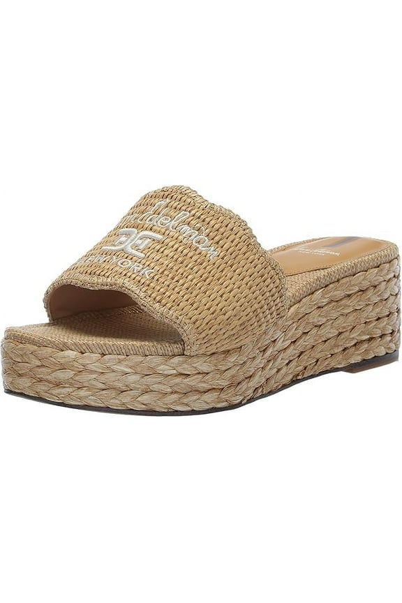 Camila Sand Raffia Squared Open Toe Slip On Wedge Heeled Sandals (Sand, 11)