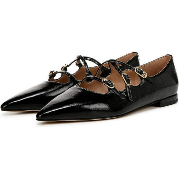 Sam Edelman Cass Black Leather Mary Jane Pointed Toe Fashion Flats Shoes (Black Leather, 7)