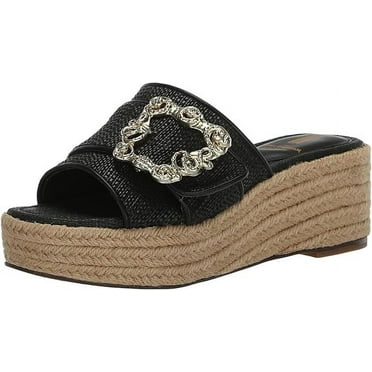 Sam Edelman Celia Black Raffia Slip On Squared Open Toe Wedge Heeled Sandals (Black Raffia, 10.5)