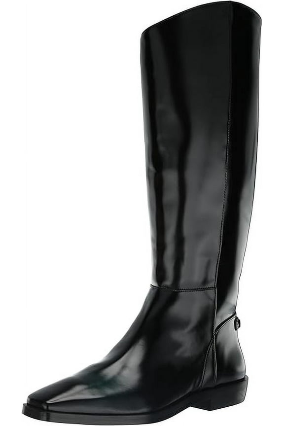 Cesar Black Leather Squared Toe Stacked Heel Knee High Fashion Boots (Black Leather, 6.5)