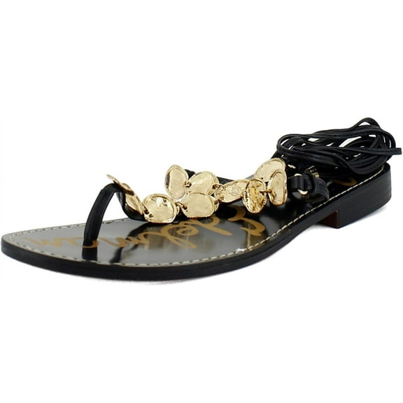 Sam Edelman Deirdre Black Leather Strappy Medallion Thong Flat Fashion Sandals (Black Leather, 5.5)