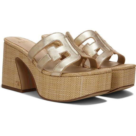 Sam Edelman Dev Gold Leaf Saddle Cork Platform Logo Slip On Wedge Sandal (GOLD LEAF, 5)