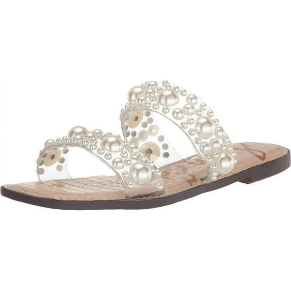 Sam Edelman Eleana Clear/Natural Jewel Detailed Open Toe Slip On Flats Sandals (Clear/Natural, 5)