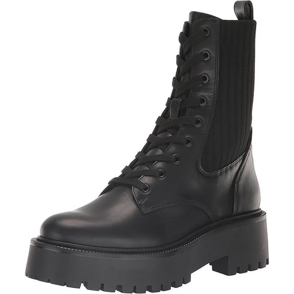 Sam Edelman Evina Black Leather Lace Up Rounded Toe Chunky Heeled Ankle Boots (Black Leather, 6.5)