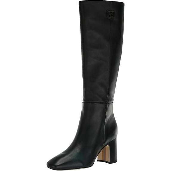 Sam Edelman Faren Black Leather Squared Toe Block Heel Knee High Fashion Boots (Black Leather, 7.5)