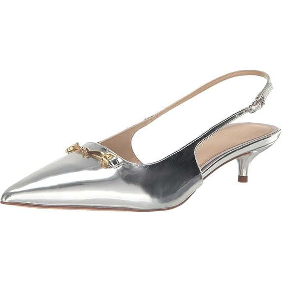 Sam Edelman Fitzgerald Soft Silver Pointed Toe Slingback Kitten Heeled Pumps (Soft Silver, 6)