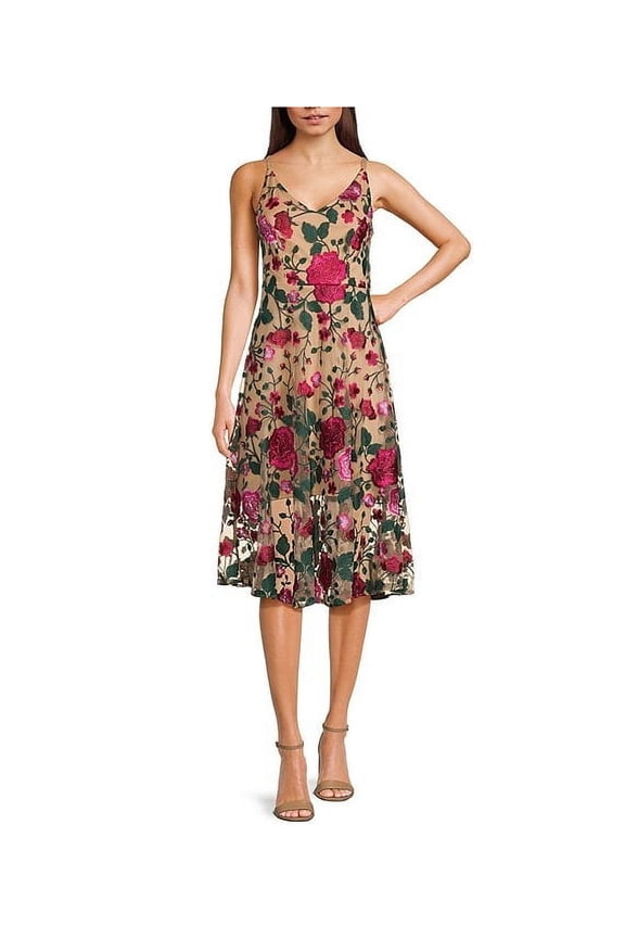 Floral Embroidered V-Neck Sleeveless Midi A-Line Dress