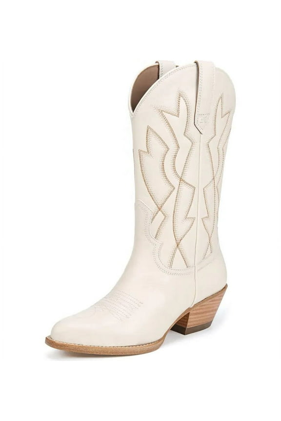 Fuller Ivory Stacked Heel Pointed Toe Pull On Leather Western Boots (Ivory, 10.5)