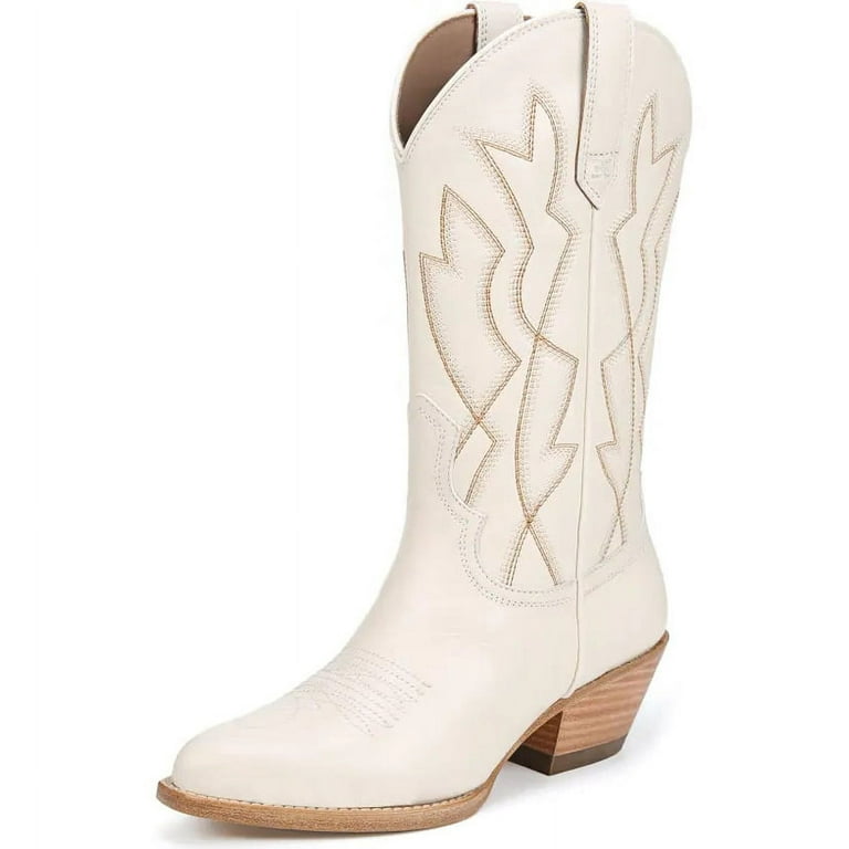 Sam Edelman Fuller Ivory Stacked Heel Pointed Toe Pull On Leather Western Boots Ivory 6