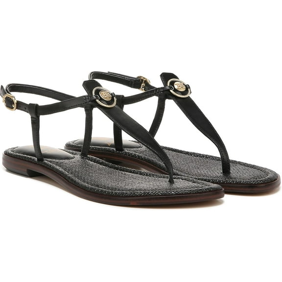 Sam Edelman Gigi Black Signet Ankle Strap Open Toe Embellished Thong Flat Sandal (Black Signet, 5.5)