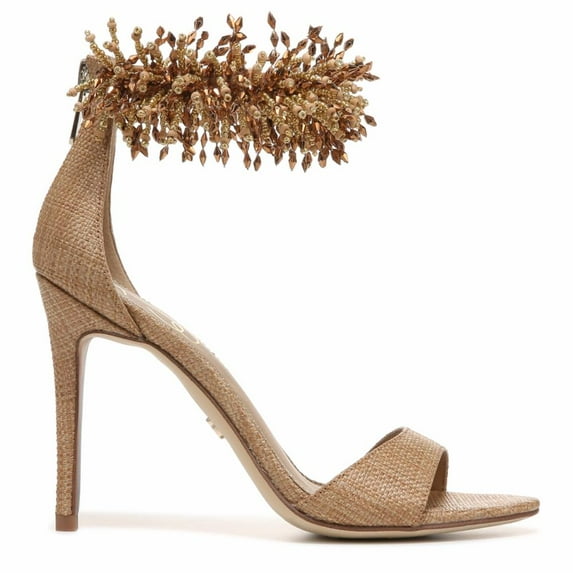 Sam Edelman Gillie Buff Tan Open Toe Ankle Strap Beaded Stiletto Heeled Sandals (Buff Tan, 6)