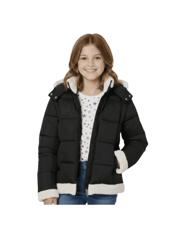 Girls Star Puffer Coat Hooded Jacket Sherpa, Black, Medium 10/12