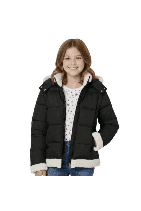 Girls Star Puffer Coat Hooded Jacket Sherpa, Black, Medium 10/12