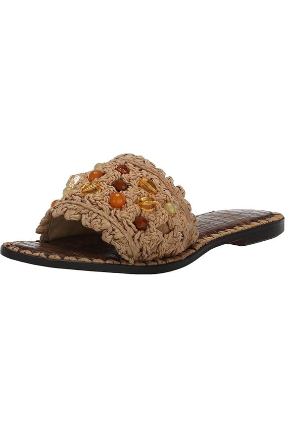 Graciela Dark Natural Open Toe Bead Detailed Flat Slides Sandals (Dark Natural, 5.5)