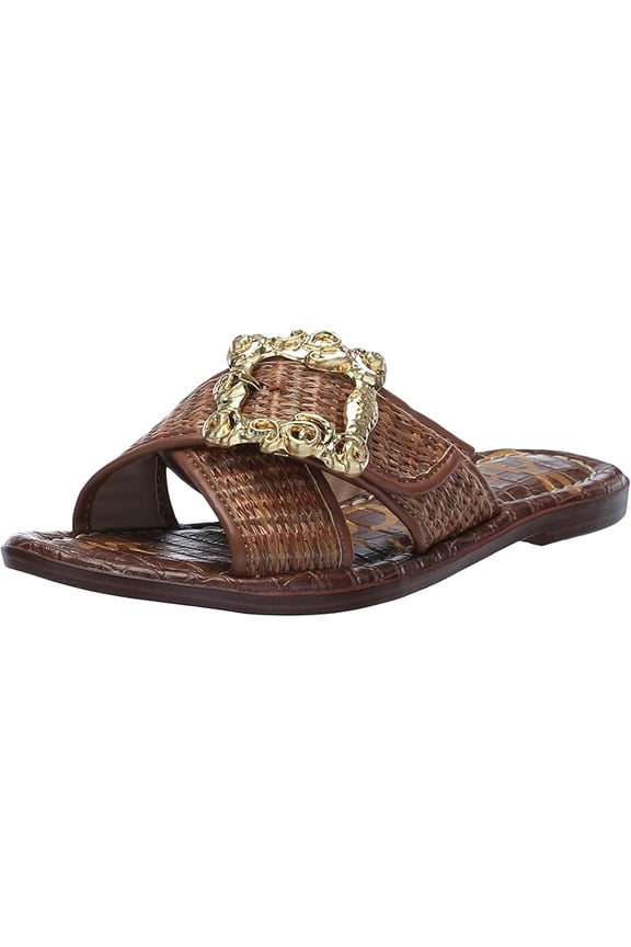 Gracyn Cuoio Weave Slip On Open Toe Buckle Detailed Slides Sandals (5, Cuoio Weave)