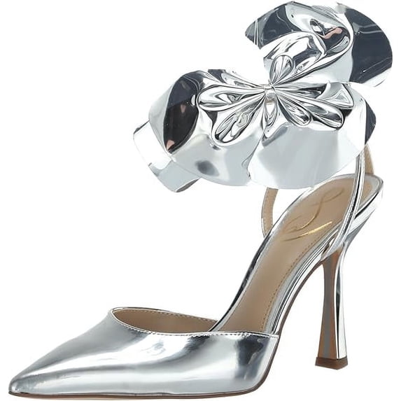 Sam Edelman Halie Soft Silver Pointed Toe Stiletto Heeled Bow Detailed Pumps (Soft Silver, 9.5)