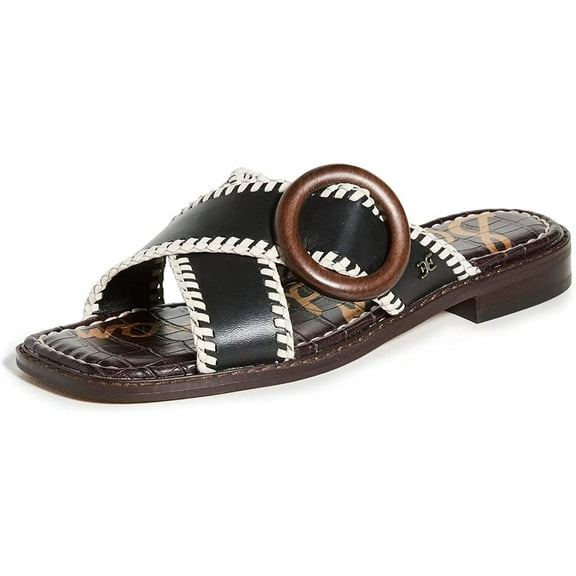 Sam Edelman Harlie Black Slip On Squared Toe Leather Strap Slides Flats Sandals (Black, 5)