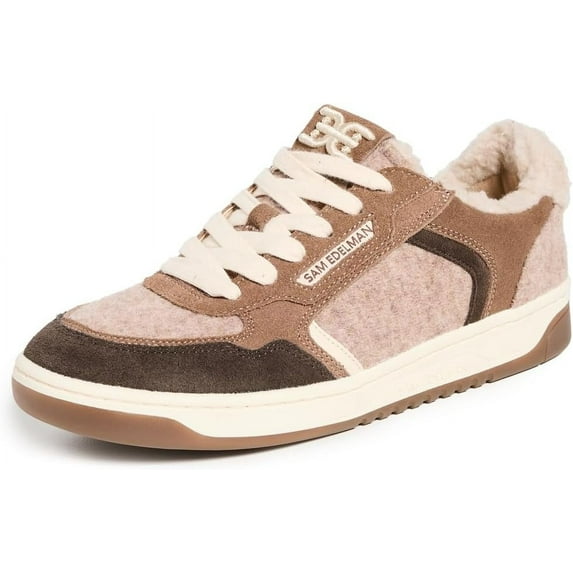 Sam Edelman Harper Taupe Multi Shearling Lace Up Flat Fashion Low Top Sneakers (Taupe Multi Shearling, 6)