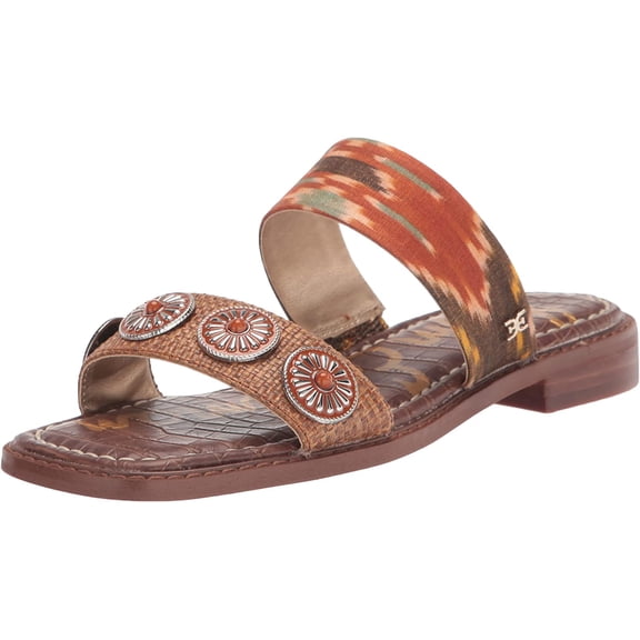 Sam Edelman Hera Sunset Orange/Cuoio Slip On Open Toe Embellished Slides Sandals (Sunset Orange/Cuoio, 7.5)