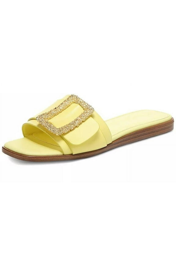Inez Butter Squared Open Toe Buckle Detail Slip On Slides Sandals (Butter, 6.5)