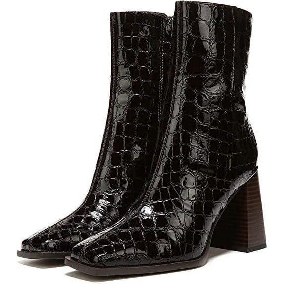 Sam Edelman Ivette 2 Espresso Squared Toe Stacked Block Heel Leather Ankle Boots (Espresso, 8)