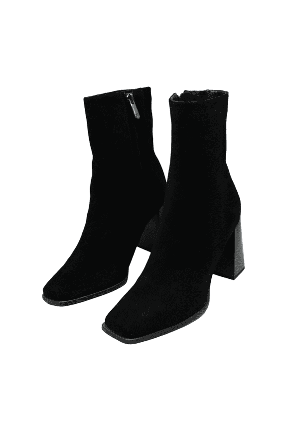 Ivette Black Suede Side Zipper Squared Toe Block Heeled Ankle Boots (Black Suede, 6)