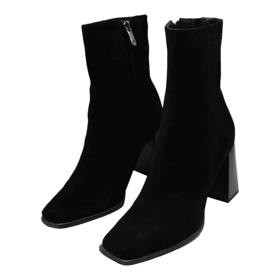 Sam Edelman Ivette Black Suede Side Zipper Squared Toe Block Heeled Ankle Boots (Black Suede, 6)