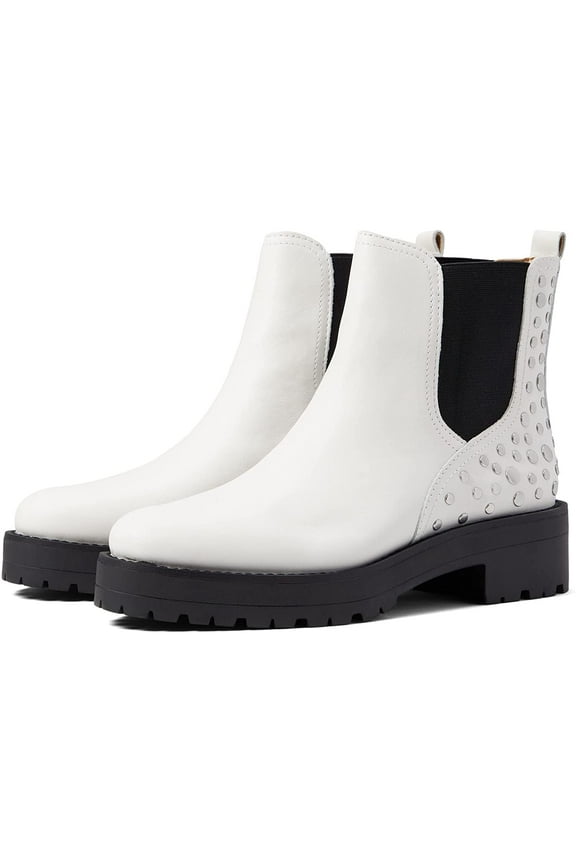 Jalyn White Chunky Block Heel Embellished Closed Toe Pull On Boots (White, 8)