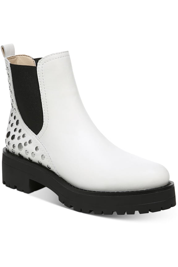 Jalyn White Chunky Block Heel Embellished Closed Toe Pull On Boots (White, 9)