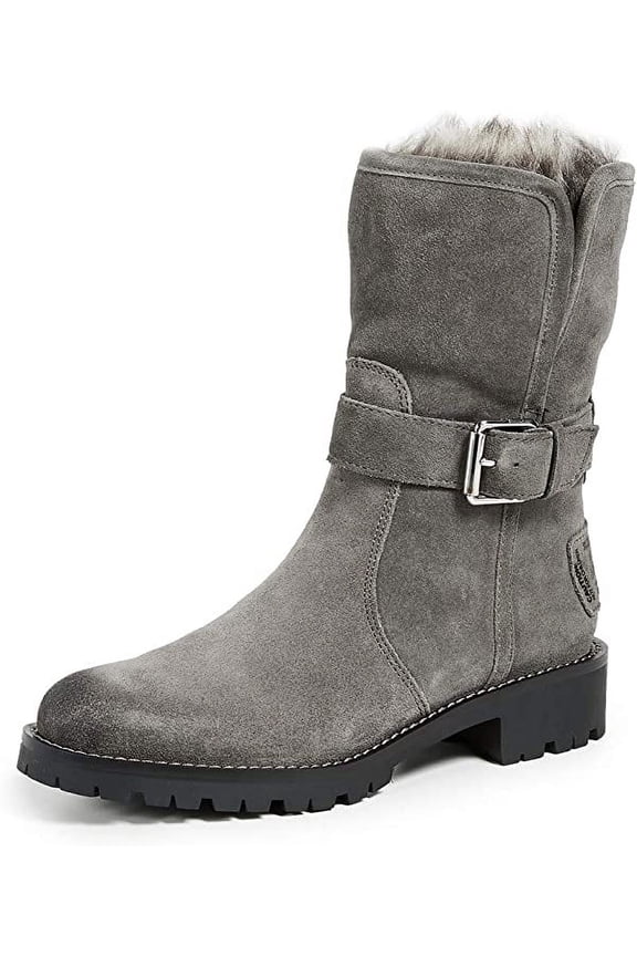 Jeanie Gray Suede Fur Lined Lug Sole Moto Lace Up Chelsea Boot (8.5)