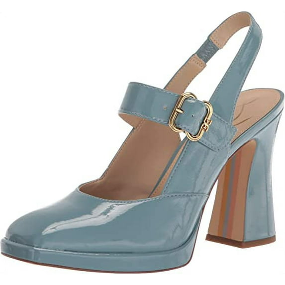 Sam Edelman Jildie Smokey Blue Slingback Ankle Strap Square Toe Block Heel Pumps (Smokey Blue, 9)