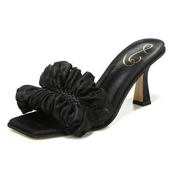 Sam Edelman Kady Black Silk Ruffle Square Toe Slip On Kitten Heel Dress Mules (BLACK, 5)