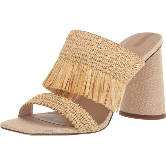 Sam Edelman Kamryn Natural Squared Toe Block Heel Slip On Raffia Heeled Sandals (Natural, 6)