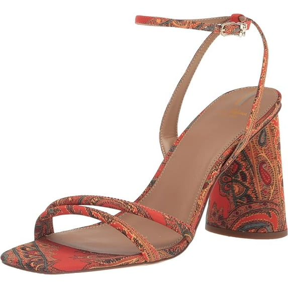 Sam Edelman Kia Orange Poppy Squared Open Toe Ankle Strap Block Heeled Sandals (Orange Poppy, 10.5)