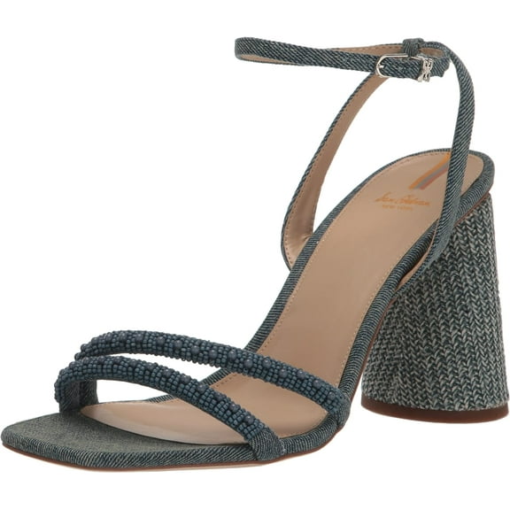 Sam Edelman Kia Washed New Blue Beaded Open Toe Ankle Strap Block Heeled Sandals (Washed New Blue Beaded, 7)