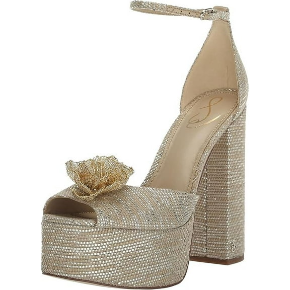 Sam Edelman Kori Flora Platinum Ankle Strap Peep Toe Dress Block Heeled Sandals (Platinum, 9.5)