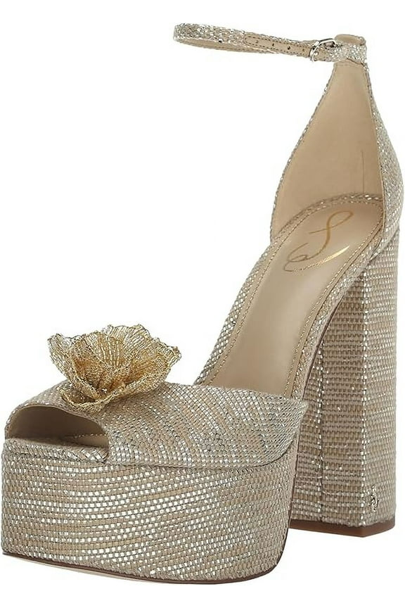 Kori Flora Platinum Ankle Strap Peep Toe Dress Block Heeled Sandals (Platinum, 9.5)