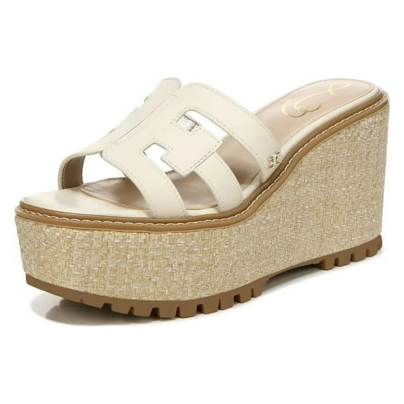 Sam Edelman Laine Ivory Wedge Heel Leather Strap Slip On Fashion Heeled Sandals (Ivory, 10.5)