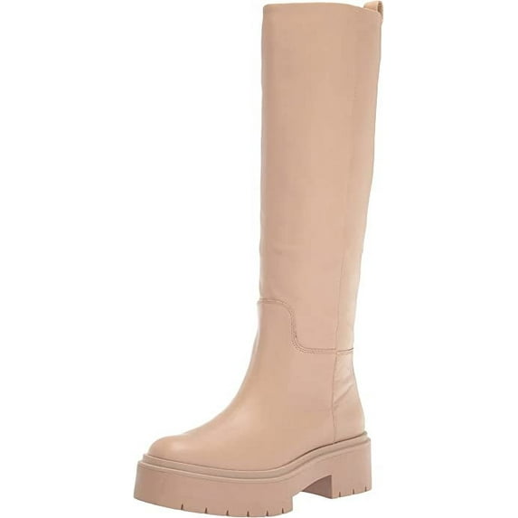 Sam Edelman Larina Sesame Leather Chunky Heel Rounded Toe Zipper Knee High Boots (Sesame, 9)