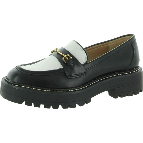 Sam Edelman Laurs Black/White Leather Rounded Toe Slip On Chunky Heel Loafers (Black/White Leather, 6.5)