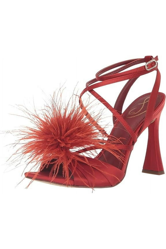 Layton Red Mahogany Ankle Strap Spool Heeled Feather Detailed Sandals (Red Mahogany, 7)