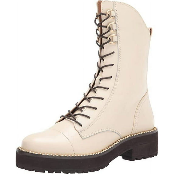 Sam Edelman Lenley Ivory Leather Chunky Heel Combat Lace Up Mid-Calf Boots (Ivory, 10.5)
