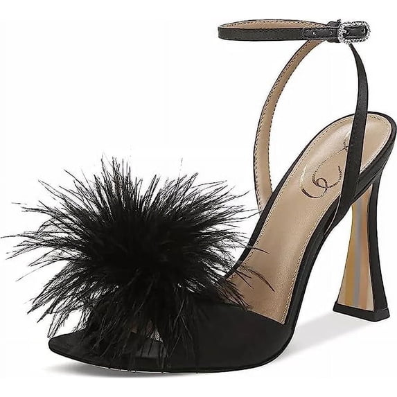 Sam Edelman Leon Black Satin Feather Pom Pom Detail Ankle Strap High Heel Sandal (Black Satin, 6)