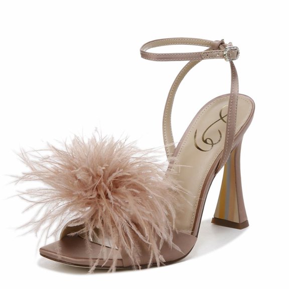 Sam Edelman Leon Praline Feather Pom Pom Detail Ankle Strap High Heel Sandals (Praline, 5)