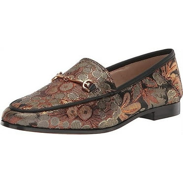 Sam Edelman Loraine Bronze Leather Slip-On Classic Chain Detail Vamp Loafers (Bronze Floral Fabric, 7.5)